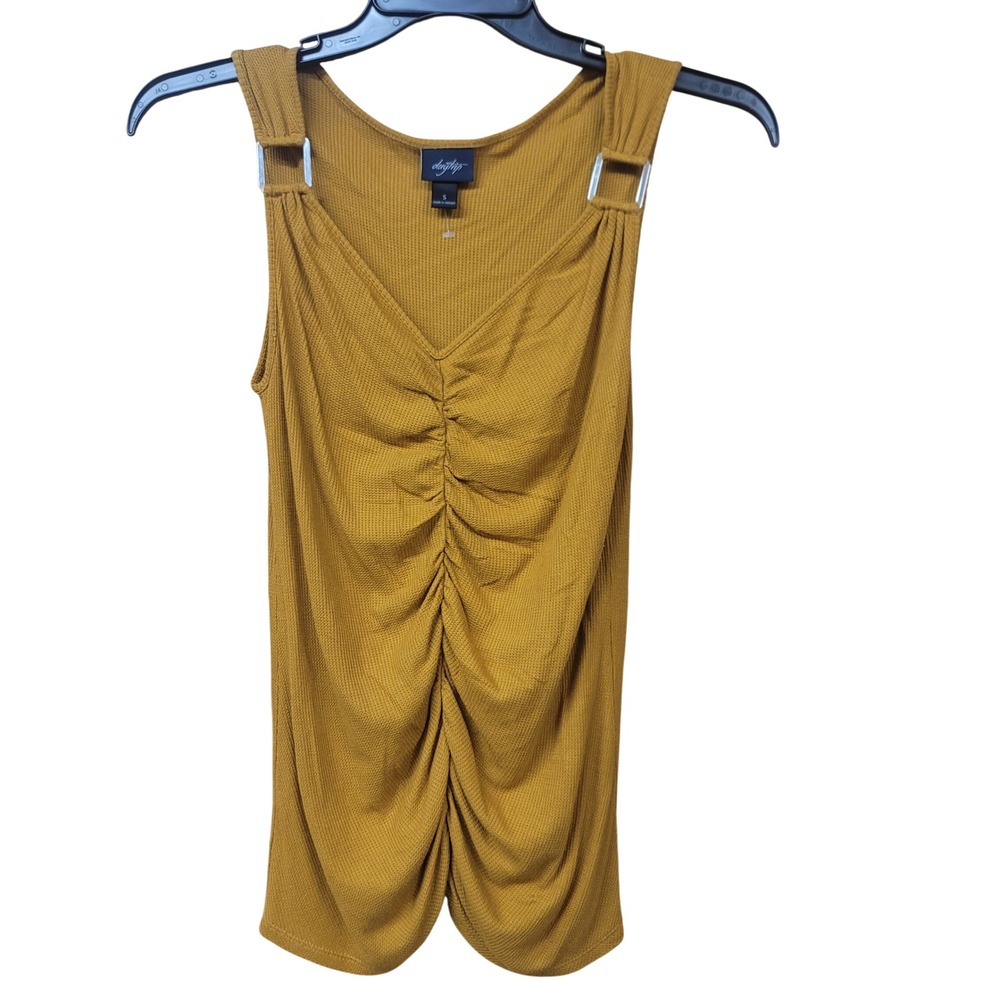 Daytrip Women Mustard Yellow Waffle Knit Ruched V-Neck Tank Top Buckles Size S